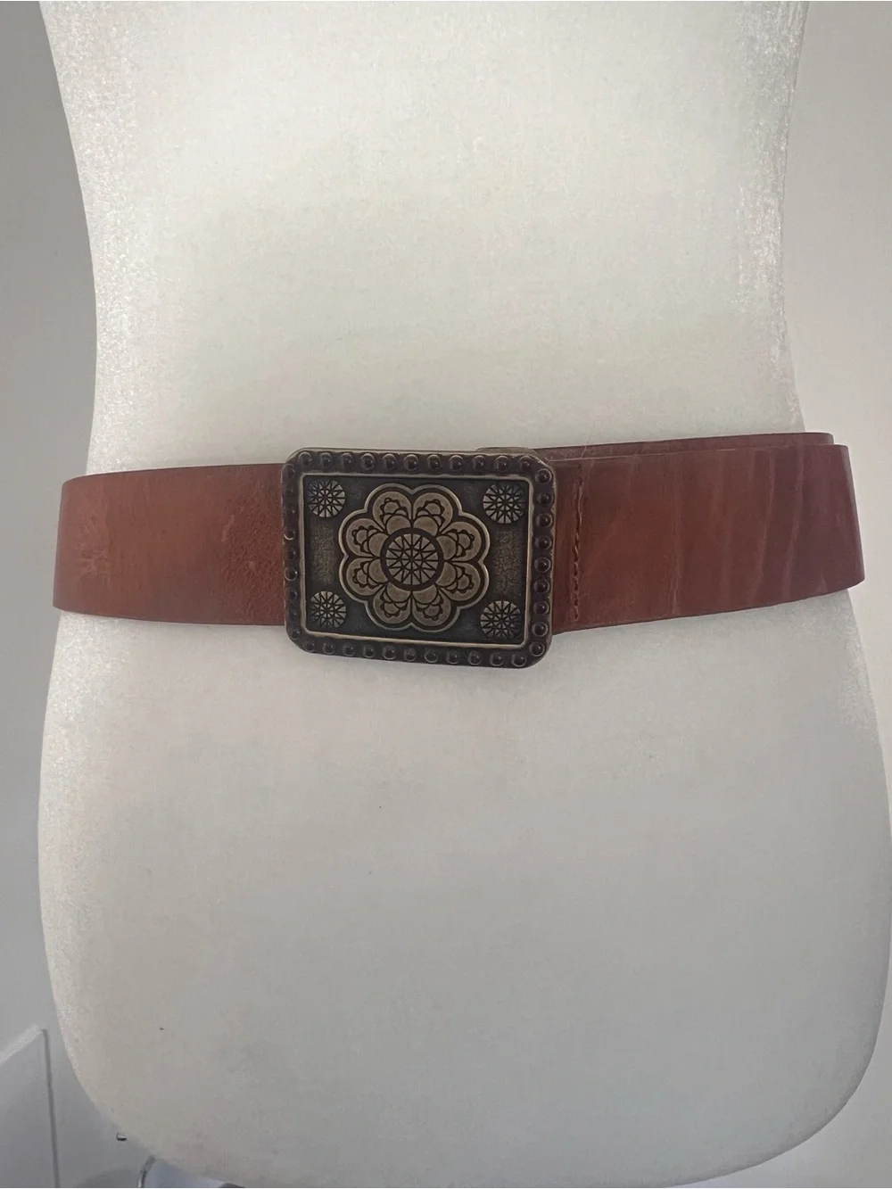 Vintage Cognac Brown Leather Belt with Antiqued Floral Buckle | Boho Western